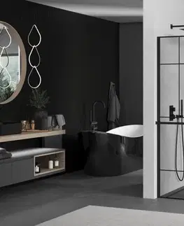Sprchové dvere MEXEN/S - KIOTO Sprchová zástena WALK-IN s poličkou a držiakom uterákov 90 x 200, transparent/čierna 8 mm, čierna 800-090-121-70-78