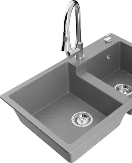 Kuchynské drezy MEXEN/S MEXEN/S - Tomas granitový drez 2-bowl vrátane batérie Elia, šedá 6516-71-670101-00