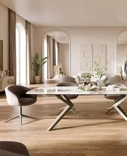 Jedálenské stoly DELIFE Jedálenský stôl Edge zaoblený 260×120 cm keramika Minas Melange bielo-béžová Zenthara hranatý kov titánová farba efekt