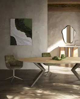 Jedálenské stoly DELIFE Jedálenský stôl Edge oválny 280x130 keramika Laminam® sabbia dubová farba Zenthara hranatý kov titánová farba