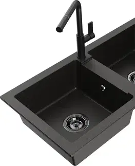 Kuchynské drezy MEXEN/S MEXEN/S - Mario granitový drez 2-bowl vrátane batérie Flora, čierna/zlatá metalik 6504-75-670401-70-B