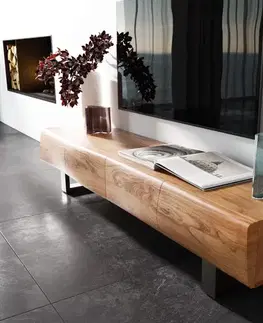 Televízne stolíky DELIFE TV stolík New Live-Edge 175 cm akácia prírodná 4 dvierka tenká podstava nerezová oceľ kefovaná