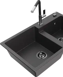 Kuchynské drezy MEXEN/S MEXEN/S - Tomas granitový drez 2-bowl vrátane batérie Flora, čierna kropenatá 6516-76-670401-07-B