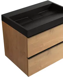 Kúpeľňový nábytok CERANO - Kúpeľňová skrinka Velora - dub medový, úchytka čierna + umývadlo z lit. mramoru Vita - čierna matná - 70x63x46,5 CER-8050BD84038