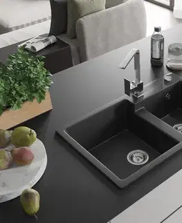 Kuchynské drezy MEXEN/S MEXEN/S - Tomas granitový drez 2-bowl vrátane batérie Rita, čierna/strieborná metalík 6516-73-670300-00