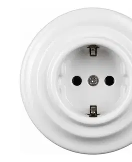 Predlžovacie káble Elhard - Keramická retro zásuvka do domácnosti s rámikom SCHUKO 230V biela EF0088+EF0087