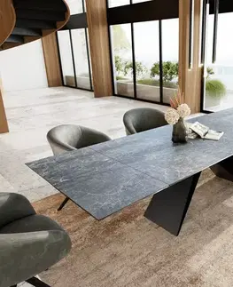 Jedálenské stoly DELIFE Jedálenský stôl Edge 200-300x100 keramika Laminam®Nero Greco antracitová podstava v tvare V plochá oceľ čierna rozkladací