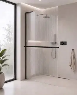 Sprchové dvere CERANO - Sprchová zástena Walk-in Onyx L-ľavá vzpera - 8 mm + polička/držiak na uteráky - čierna matná, ryhované sklo - 160x200 CER-8050BD834