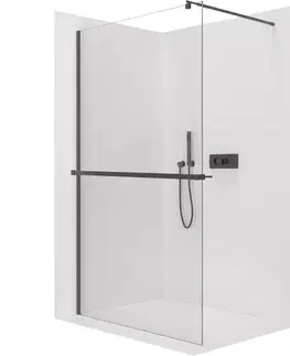 Držadlá k vani CERANO - Sprchová zástěna Walk-in Onyx Round L/P - 10 mm + polička/držák na ručníky - kulatá vzpěra - černá matná, transparentní sklo - 160x200  CER-9040B1083