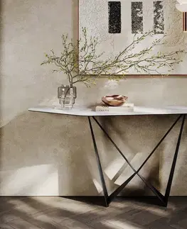 Konzolové stolíky DELIFE Konzolový stolík Edge polygonálny 180×50 cm keramika Laminam® Statuarietto biela Spios kov čierna