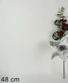 Vianočné dekorácie MAKRO - Vetvička / zápich vianočná 48cm, bielo – strieborno – červené farebné prevedenie