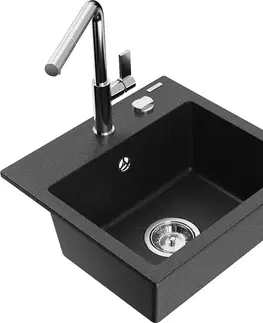 Kuchynské drezy MEXEN/S MEXEN/S - Milo granitový drez 1-miska vrátane batérie Flora, čierna/strieborná metalík 6505-73-670401-00