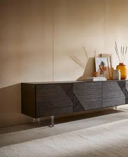 Televízne stolíky DELIFE TV stolík Tereos 220 cm jaseň tmavohnedá 3D efekt 4 dvierka podstava závesná akrylové sklo