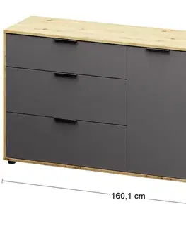 Komody NABBI Neston 1600-2D/3DR dvojdverová komoda so zásuvkami sivý grafit / dub wotan
