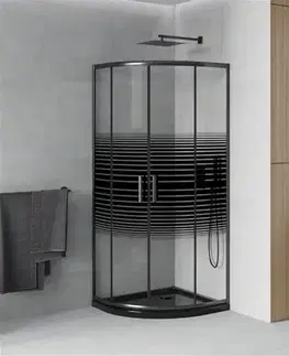 Vane MEXEN/S - Rio sprchovací kút štvrťkruh 80x80, pruhy, čierna + čierna vanička so sifónom 863-080-080-70-20-4170B