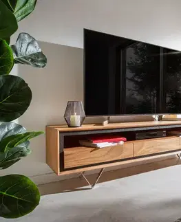 Televízne stolíky DELIFE TV stolík Stonegrace 175 cm akácia prírodná 1 priehradka 3 zásuvky kamenná dyha podstava v tvare V