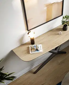 Konzolové stolíky DELIFE Konzolový stolík Edge zaoblený 140×40 cm keramika Laminam® sabbia dubová farba Estelo kov čierna
