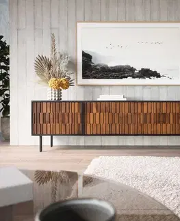 Televízne stolíky DELIFE TV stolík Kallam 200 cm šíšam orech mango čierna kov čierna 4 dvierka
