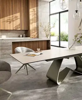 Jedálenské stoly DELIFE Jedálenský stôl Edge 200-300x100 cm keramika Laminam® Travertino Bianco bielo-krémová podstava v tvare W titánová farba rozkladací