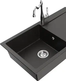 Kuchynské drezy MEXEN/S MEXEN/S - Leogranitový drez 1 s odkvapkávačom vrátane batérie Carla, čierna/strieborná metalík 6501-73-670700-70