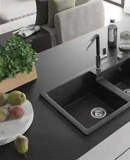 Kuchynské drezy MEXEN/S MEXEN/S - Tomas granitový drez 2-bowl vrátane batérie Flora, čierna/zlatá metalik 6516-75-670401-07
