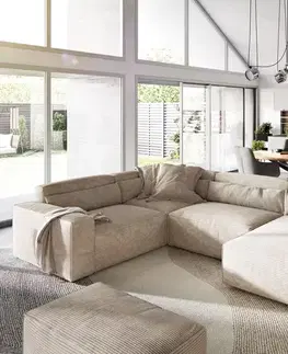 Sedacie súpravy XL DELIFE Pohovka v tvare U Sirpio 300x210 cm manšester béžová ležadlo variabilné s taburetom