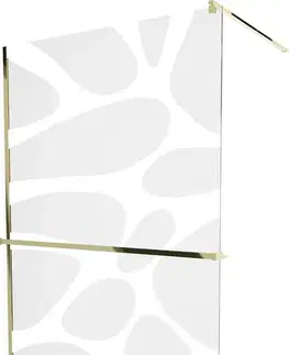 Sprchové dvere MEXEN/S - KIOTO Sprchová zástena WALK-IN s poličkou a držiakom uterákov 120 x 200, transparent/bialy vzór 8 mm, zlatá 800-120-121-50-97