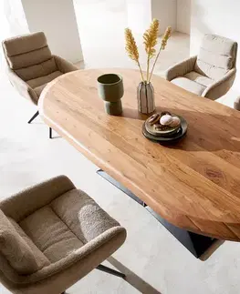 Jedálenské stoly DELIFE Jedálenský stôl Aithon 240×105 cm akácia hnedá kovová podstava čierna oválny