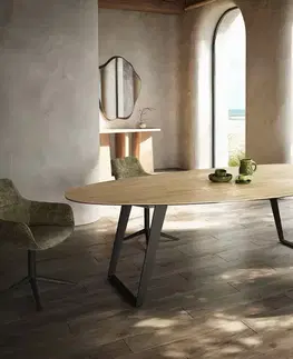 Jedálenské stoly DELIFE Jedálenský stôl Edge oválny 280x130 cm keramika Laminam® sabbia v dubovej farbe kovová šikmá čierna