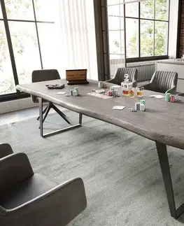 Jedálenské stoly DELIFE Jedálenský stôl Edge 260x100 XL akácia platinová kov šikmý čierna Live-Edge