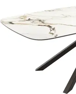 Jedálenské stoly DELIFE Jedálenský stôl Edge zaoblený tvar 240x120 keramika Calacatta Luxe bielo-zlato-šedá krížová podstava hranatý čierna