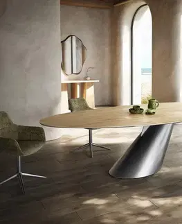 Jedálenské stoly DELIFE Jedálenský stôl Edge oválny 280x130 keramika Laminam® sabbia dubová farba kužeľ metalická strieborná