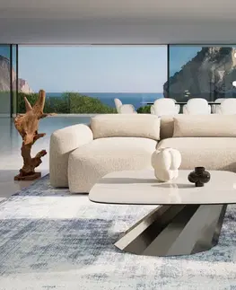 Konferenčné stolíky DELIFE Konferenčný stolík Edge zaoblený tvar 90×90 cm keramika onyx šampanské Parabi nerezová oceľ kefovaná