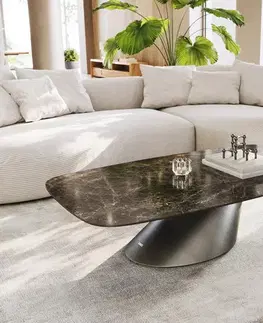 Konferenčné stolíky DELIFE Konferenčný stolík Edge zaoblený 140x80 cm keramika Laminam® Emperador Extra Lucidato tmavohnedá Conis metalická strieborná
