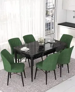 Jedálenské sety Extendable Dining Table & Chairs Set (7 Pieces) Nef - Black Marble, Khaki