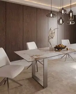Jedálenské stoly DELIFE Jedálenský stôl Edge 300x100 keramika Minas melange bielo-béžová nerezová oceľ úzky