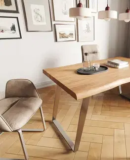 Jedálenské stoly DELIFE Jedálenský stôl Edge 140x90 XL akácia prírodná nerezová oceľ šikmý Live-Edge