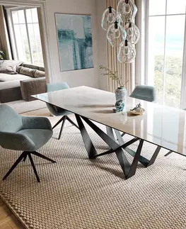 Jedálenské stoly DELIFE Jedálenský stôl Edge 200-300×100 cm keramika onyx šampanské pavúk plochá oceľ čierna rozkladací
