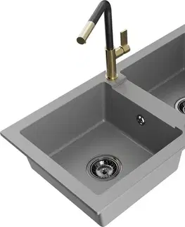 Kuchynské drezy MEXEN/S MEXEN/S - Mario granitový drez 2-bowl vrátane batérie Flora, šedá 6504-71-670401-57-B