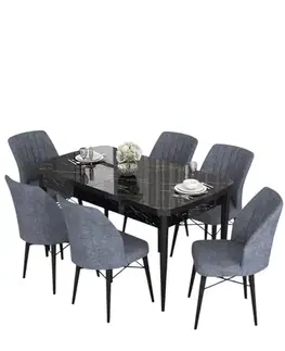 Jedálenské sety Extendable Dining Table & Chairs Set (7 Pieces) Eva - Black Marble, Fume