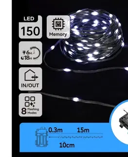 LED osvetlenie  B.V.  LED vonkajší vianočný reťazec 150xLED, 8 funkcií, 15,3m, IP44, studená  B10303K1N