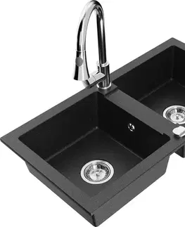 Kuchynské drezy MEXEN/S MEXEN/S - Mario granitový drez 2-bowl vrátane batérie Elia, čierna/strieborná metalík 6504-73-670101-00
