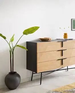 Komody DELIFE Komoda Mikkusu 140 cm bambus prírodná mango čierna 6 zásuviek kov čierna