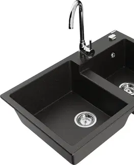 Kuchynské drezy MEXEN/S MEXEN/S - Tomas granitový drez 2-bowl vrátane batérie Telma, čierna/zlatá metalik 6516-75-670200-00