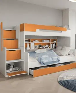 Postele ArtBed Detská poschodová posteľ s roštom HARRY | biela/oranžová 120 x 200 cm
