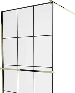 Sprchové dvere MEXEN/S - KIOTO Sprchová zástena WALK-IN s poličkou a držiakom uterákov 100 x 200, transparent/čierna 8 mm, zlatá - 800-090-121-50-77 800-100-121-50-77
