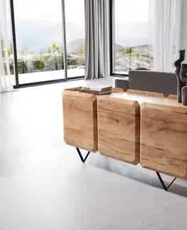 Komody DELIFE Komoda Kiano 145 cm akácia prírodná 3 dvierka podstava v tvare V čierna paraván