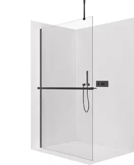Držadlá k vani CERANO - Sprchová zástěna Walk-in Onyx Top Round L/P - 8 mm - kulatá vzpěra + polička/držák na ručníky - černá matná, transparentní sklo - 90x200  CER-8050BD1732