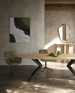 Jedálenské stoly DELIFE Jedálenský stôl Edge oválny 280x130 keramika Laminam® sabbia dubová farba Zenthara hranatý kov čierna