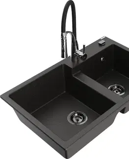Kuchynské drezy MEXEN/S MEXEN/S - Tomas granitový drez 2-bowl vrátane batérie Aster, čierna/zlatá metalik 6516-75-73450-07-B